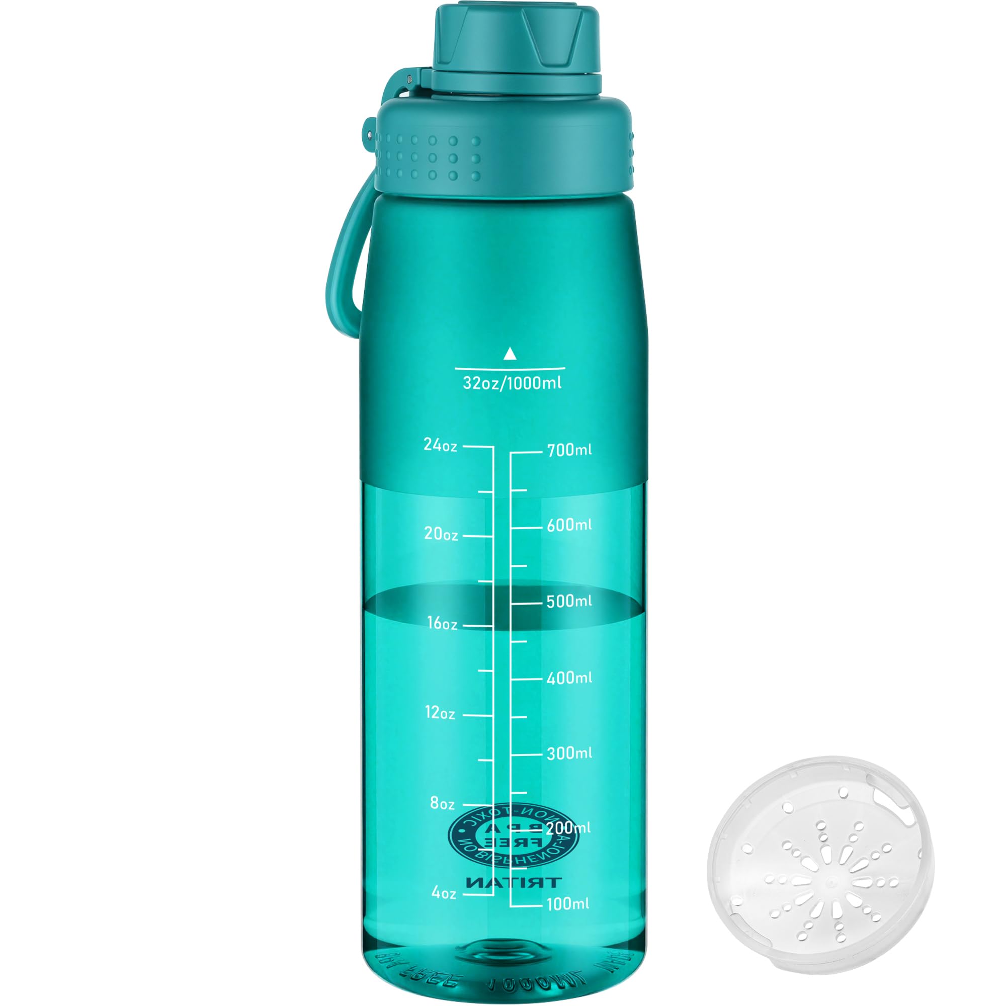 GOPPUS 1L/32oz Clear Tritan Water Bottle with Screw Lid, Drinks Bottle with Wide Mouth, Fruit Infuser, Leakproof, BPA Free, Carry Handle, Measurement Markings, Dust Cap (Turquoise) — image 1