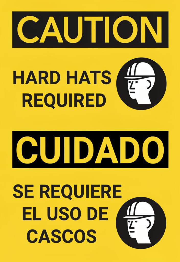 peiyeety Caution Hard Hats Required/Cuidado Se Requiere El Uso De Cascos Tin Sign 12x8 Inch, Yellow Black Safety Wall Decor Metal Plaque for Construction Site, Workshop, Garage, Jobsite Gift