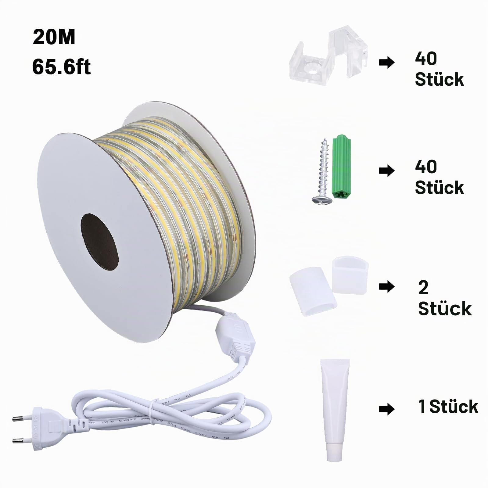 BENLUN AC 230V COB LED Streifen Aussenbereich Transparente Wasserdicht 20m | LED Strip Outdoo 220V IP65 10W/m 480LEDs/m CRI 90+ für Beleuchtung Deko Decke Terrasse hof Garten