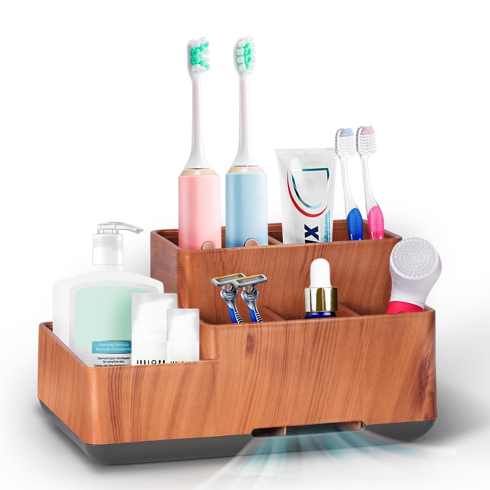 Doublecare Yellow Wood Grain Toothbrush Holder, Bathroom Organizer Countertop, 5 Compartments Multifunctional Storage For Cosmetic, Makeup, Office Stationery Pencil, Toothpaste, Toothbrush For Home, Office（Wood Grain）