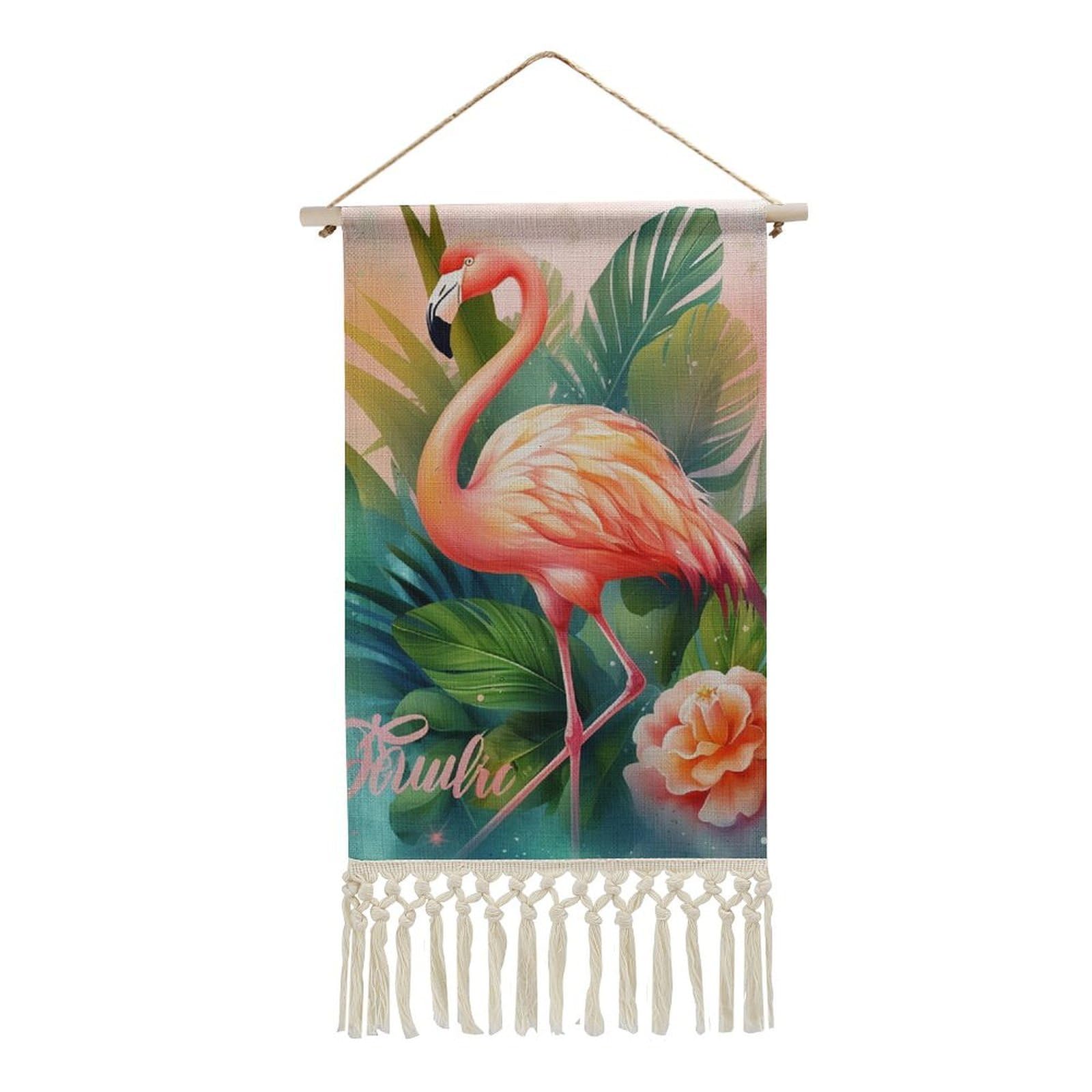BTCOWZRV Cotton And Linen Hanging Poster with Tassels, Tropical Flamingo Wall Hanging Tapestry Vintage Wall Art Painting Modern Artwork Decoration for Home Decor Ready to Hang 10x19.6 in
