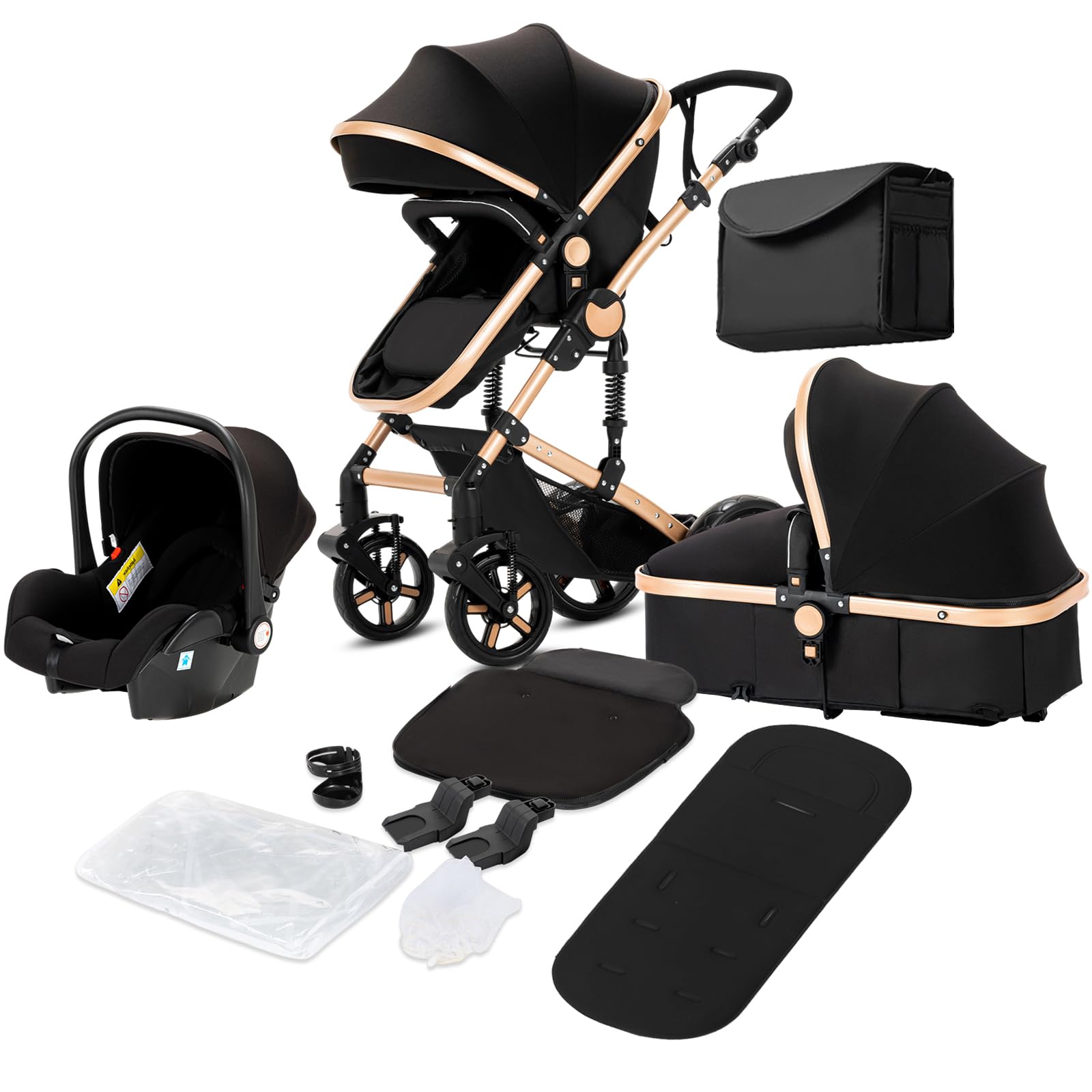 Carrito Bebe 3 en 1, Carrito Bebe con Diseño Portátil Plegable de Un Clic, Carro de Bebe 3 Piezas con Empuje Reversible de Dos Vías, Cochecito Bebe 3 Piezas con Accesorios (588 Black Gold)