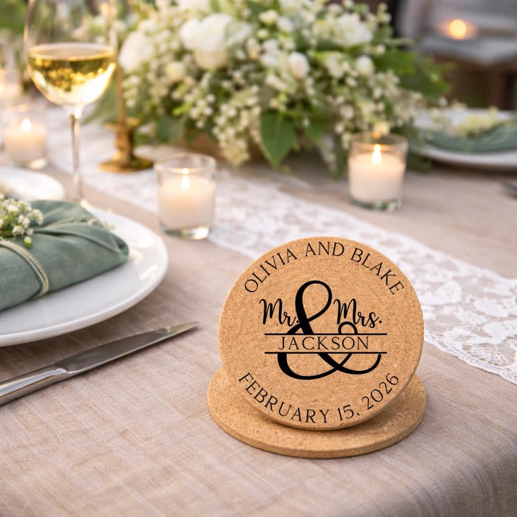 Set of 30-100 Personalized Cork Coasters | Monogrammed Mr & Mrs Wedding Coaster Favors | Custom Engraved Cork Coaster Set | CC104