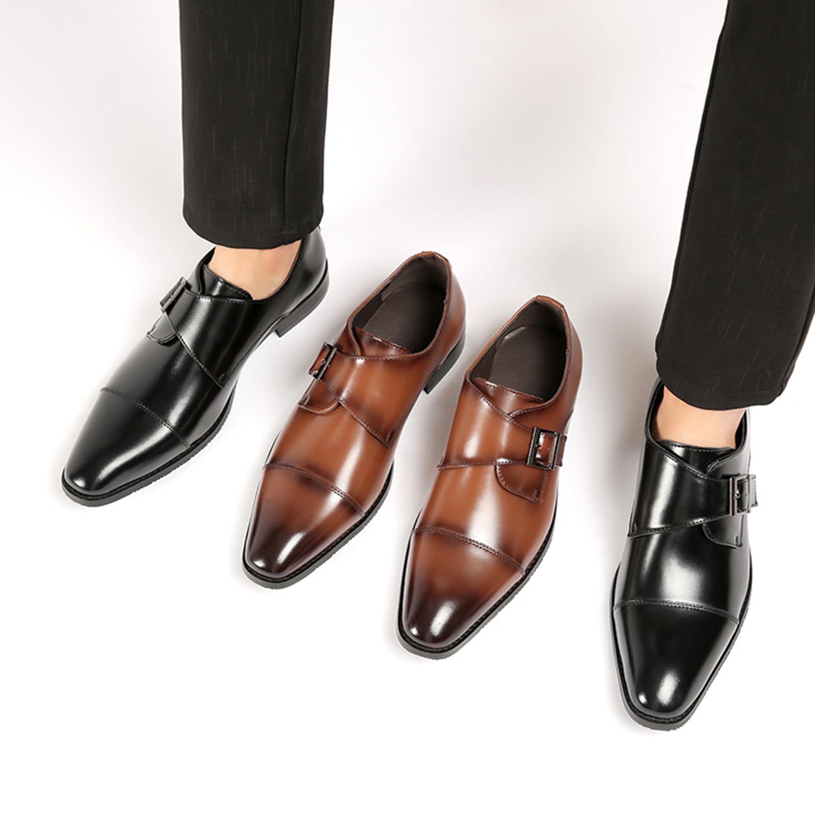 Photo 1 of GLBDU Men's Genuine Leather Monk Strap Loafers Fashion Classic Cap Toe Low Top Slip On Dress Oxford Shoes Business Casual Office Wedding Formal Shoes (Brown,12)