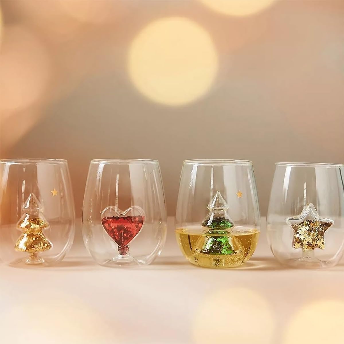 Yuletide Stemless Wine Glass, 3D Wine Glass Cup with Christmas Tree, Christmas Stemless Wine Glass, Wine Glass Christmas Tree Green Glitter for Home Bar Christmas Party, Juice Glass(4PCS)