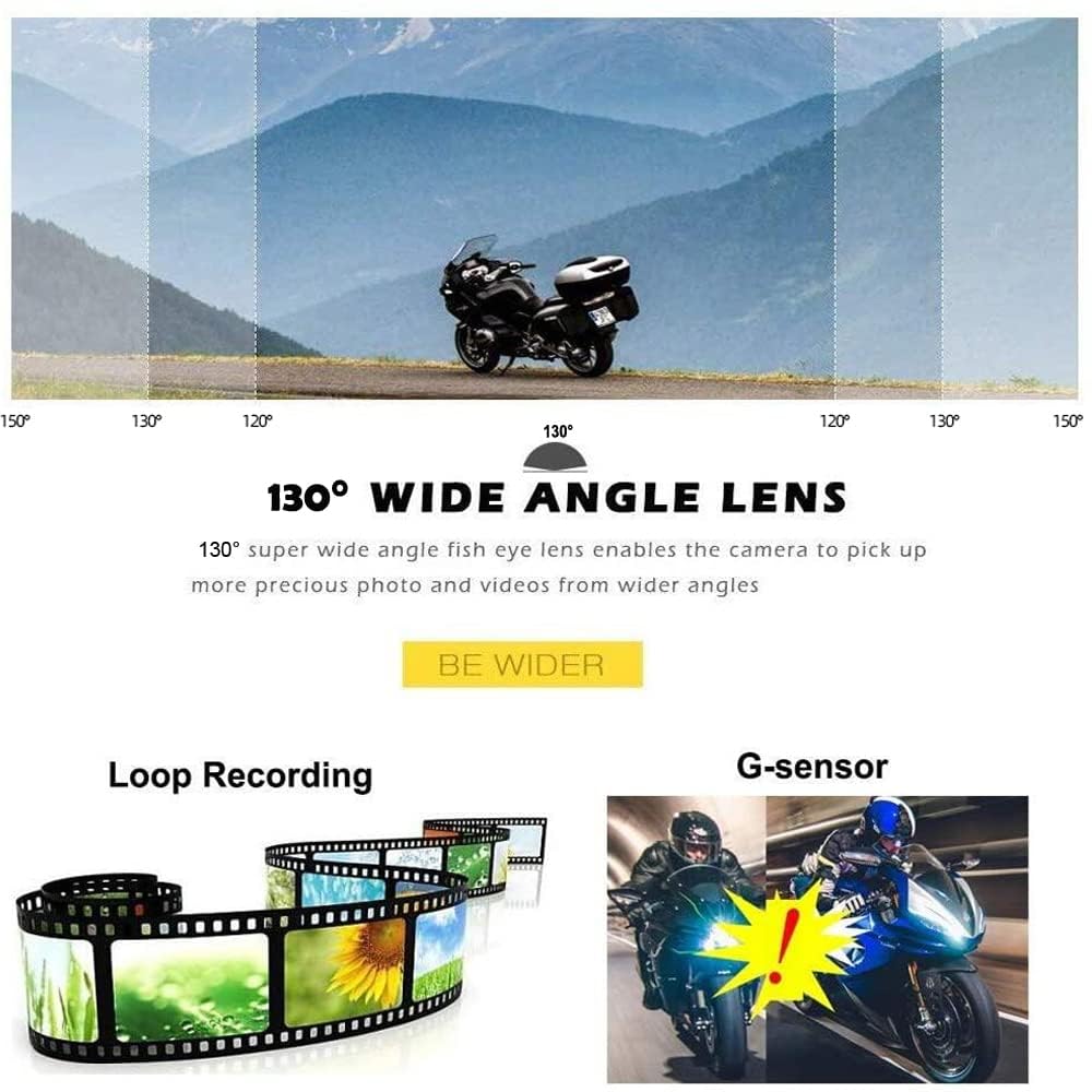 VSYSTO Kamera Motocyklowa WiFi, HD 1080P, Tryb Nocny Starlight, Szeroki kąt 130°, Przednia i Tylna Kamera, System DVR do Motocykla, Sterowanie Przewodowe, Wodoodporna, Czujnik G, Nagrywanie w Pętli