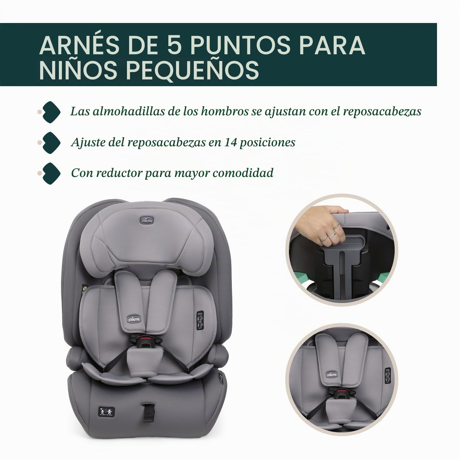 Chicco Gro Up i-Size, silla de coche para niños de 15 meses a 12 años (76-150 cm), ligera, pesa solo 5 kg, reposacabezas ajustable, con reductor, instalación con el cinturón de seguridad del coche.