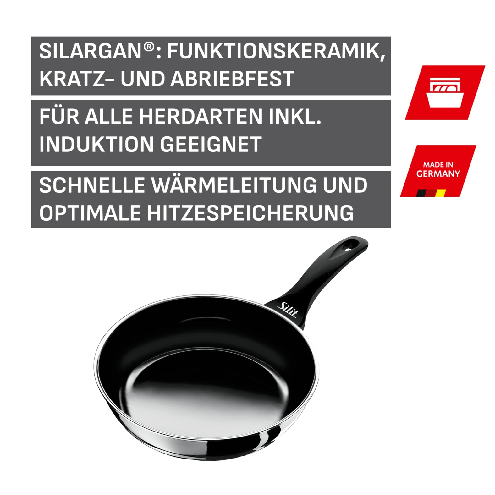 Silit Professional Bratpfanne 24 cm hoch, Silargan Funktionskeramik, Induktion, Silargan Pfanne Kunststoffgriff, schwarz, 2,2l