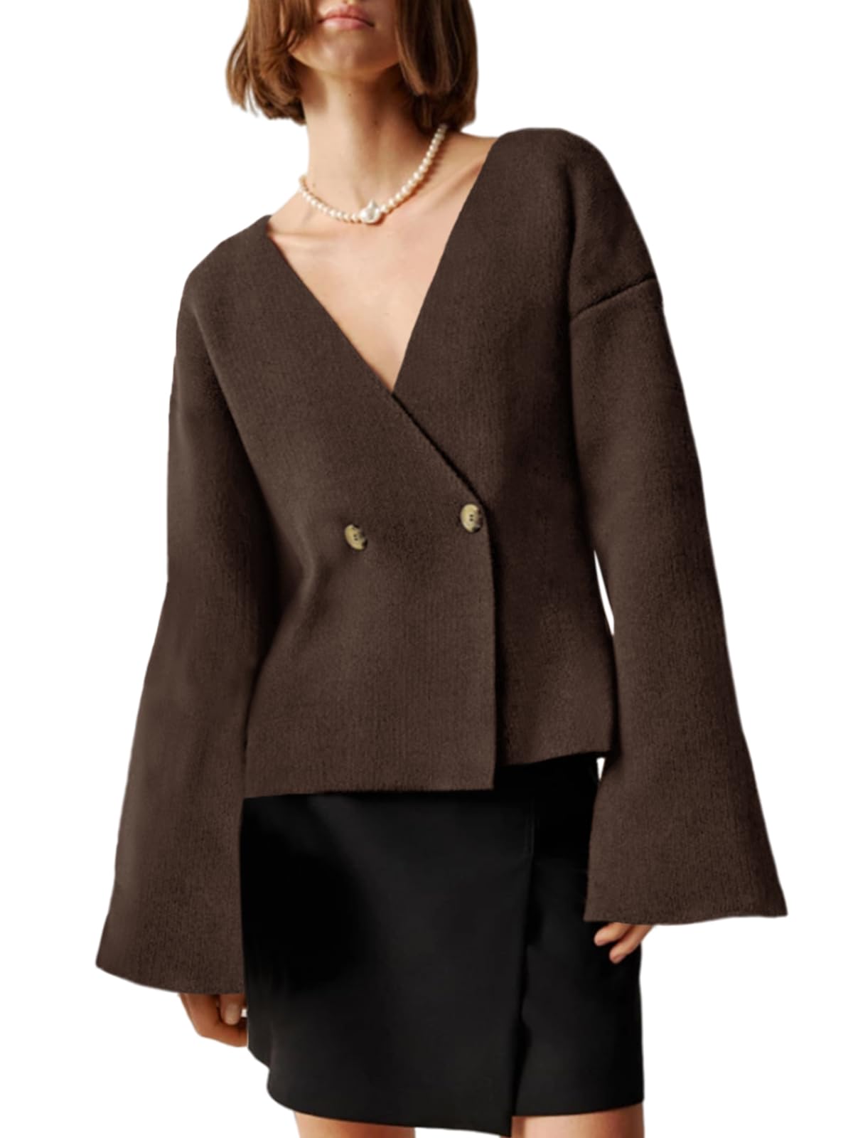 SaodimallsuWomens V Neck Cardigans Long Bell Sleeve Button Down Open Front Loose Knit Fall Sweater Blazer