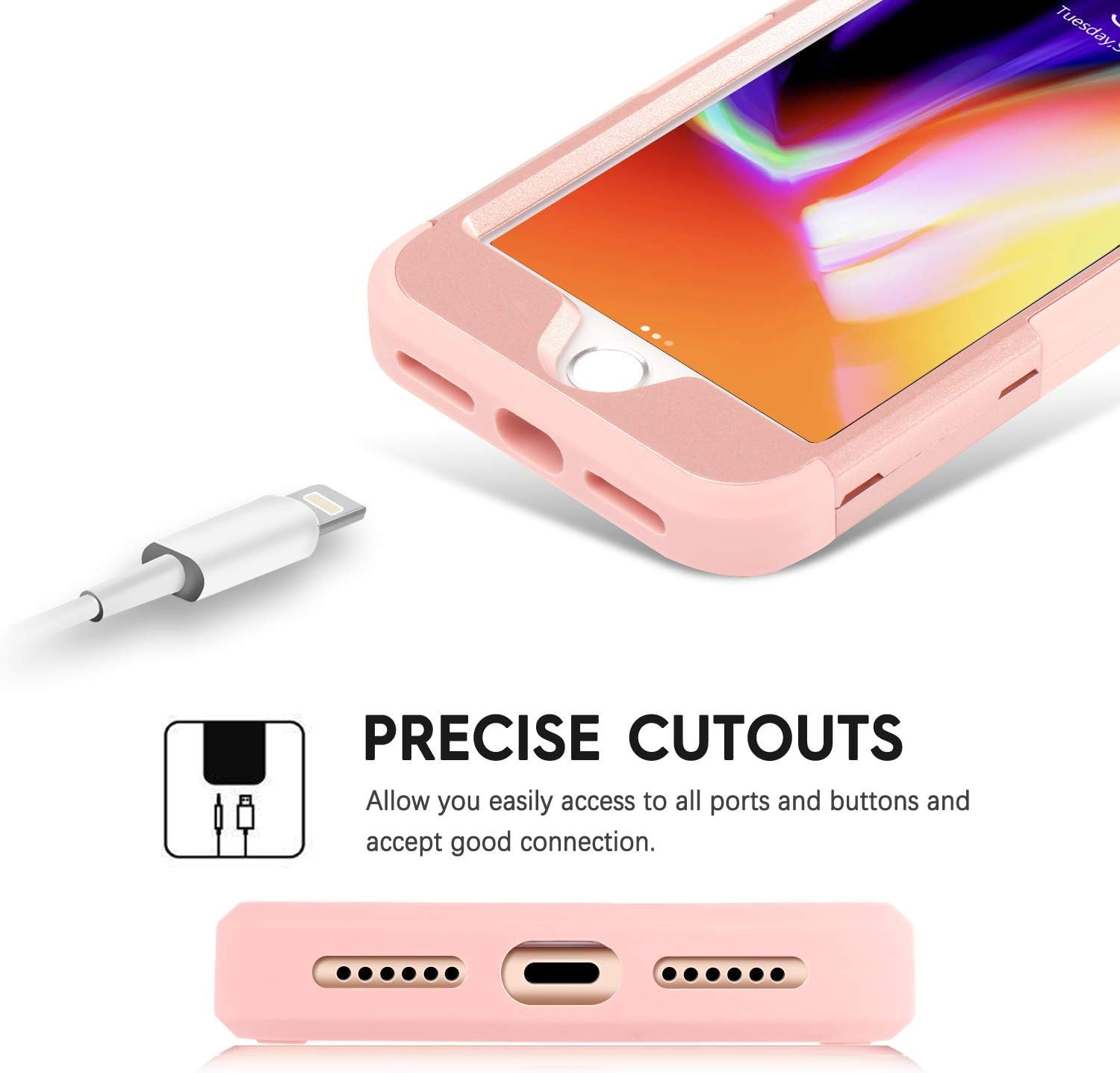 BENTOBEN iPhone 8 Case, iPhone 7 Case, Heavy Duty Slim Shockproof Drop Protection 3 in 1 Hybrid Hard PC Covers Soft Rubber Bumper Protective Case for iPhone 8/7 Cute Rose Gold