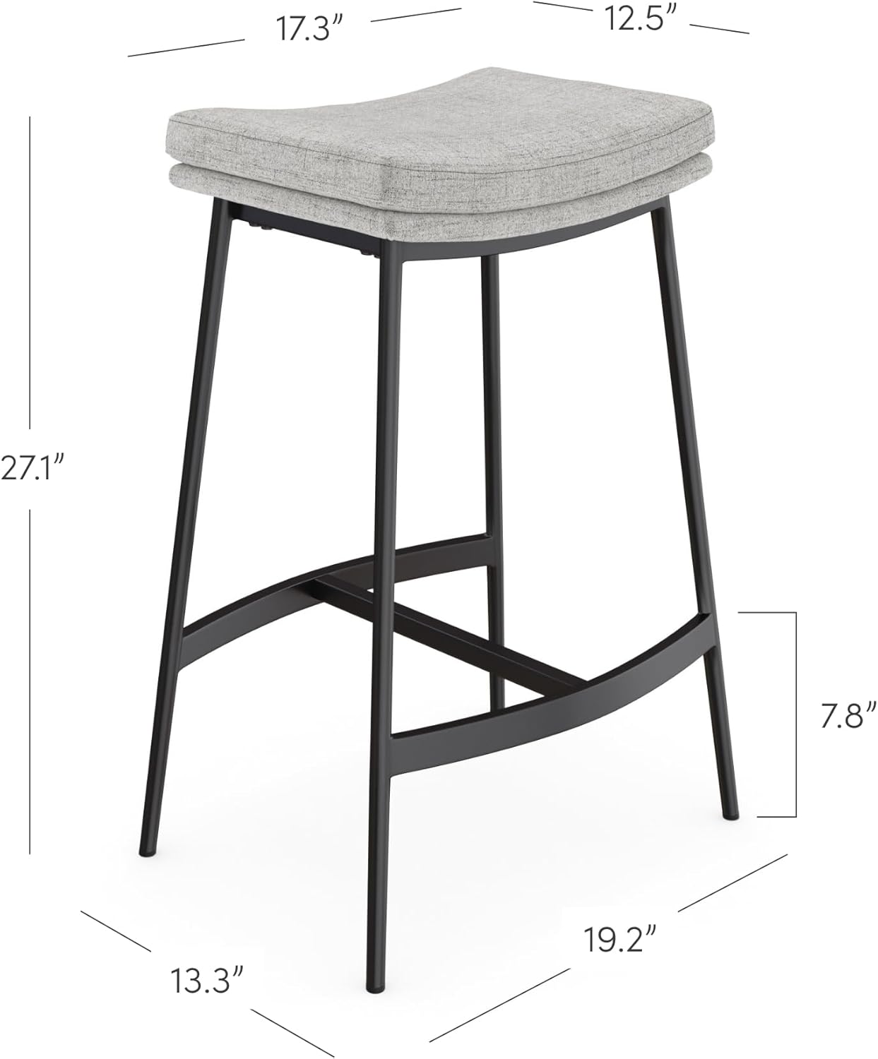 arlo modern backless upholstered kitchen counter bar stool with double-layered saddle seat and black metal base, grey/matte black, set of 2 feather gray/matte black set of 2