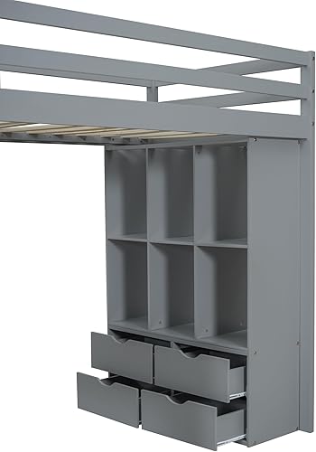 Miniatura 25 de Cama tipo loft de tamaño individual con 3 estantes, 2 armarios y 2 cajones, cama alta funcional con escalera de almacenamiento, marco de cama loft