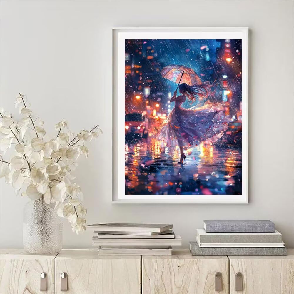 5D Diamant Painting Kits Erwachsene, Regentag Frau Diamant Painting Bilder für Anfänger Kinder, DIY Mosaikherstellung Stickerei Kreuzstich für Home Wand Dekor, Geschenke für Frauen 80x110cm WO3W-840