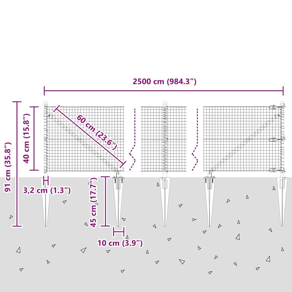 vidaXL Recinzione in rete saldata con punte 25 x 0,4 m Grigio Rete