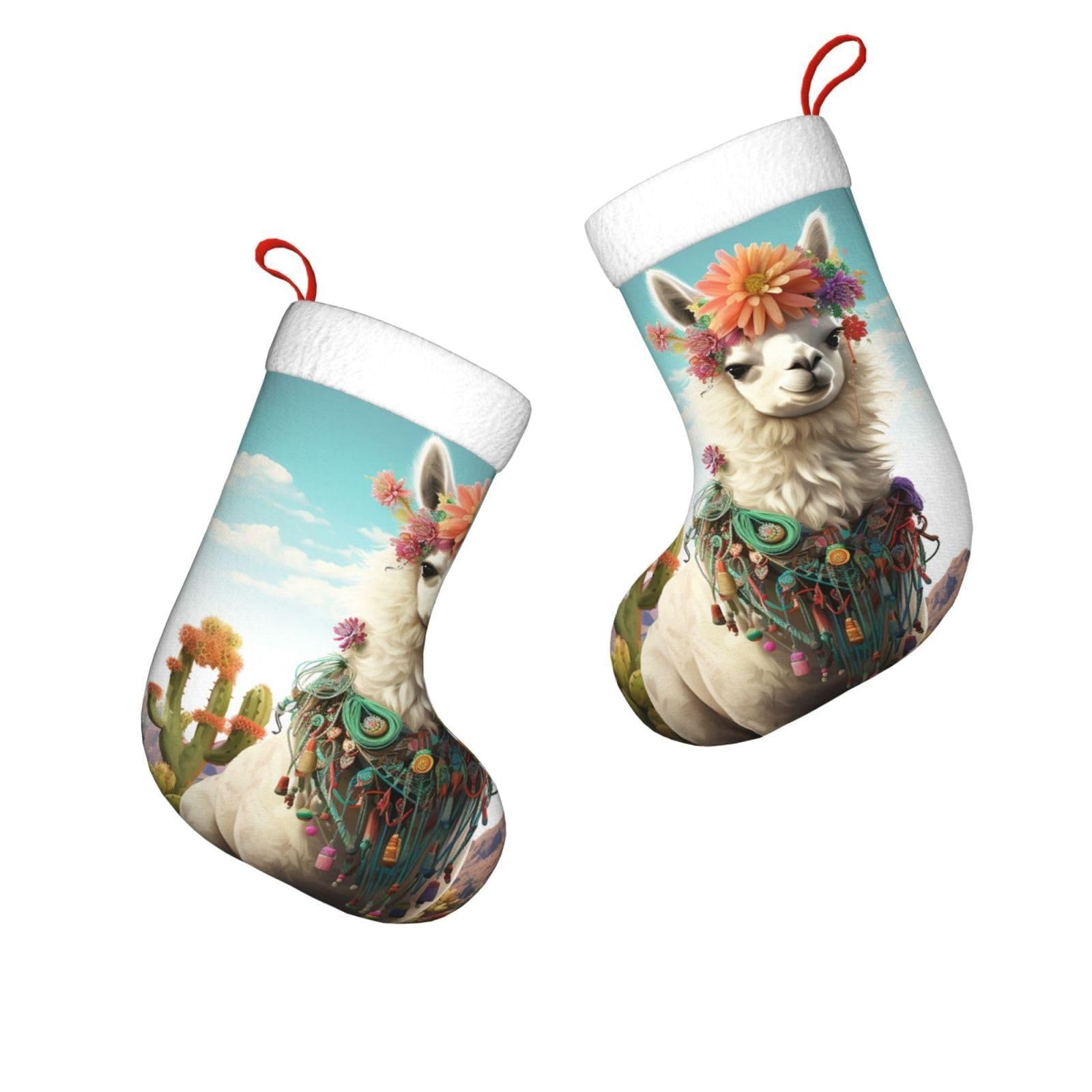 FodPand 17.7" Christmas Stocking 1 Piece, Mexican Llama Cactus Xmas Stockings with White Plush Cuff Fireplace Hanging Stocking for Christmas Holiday Party Decoration