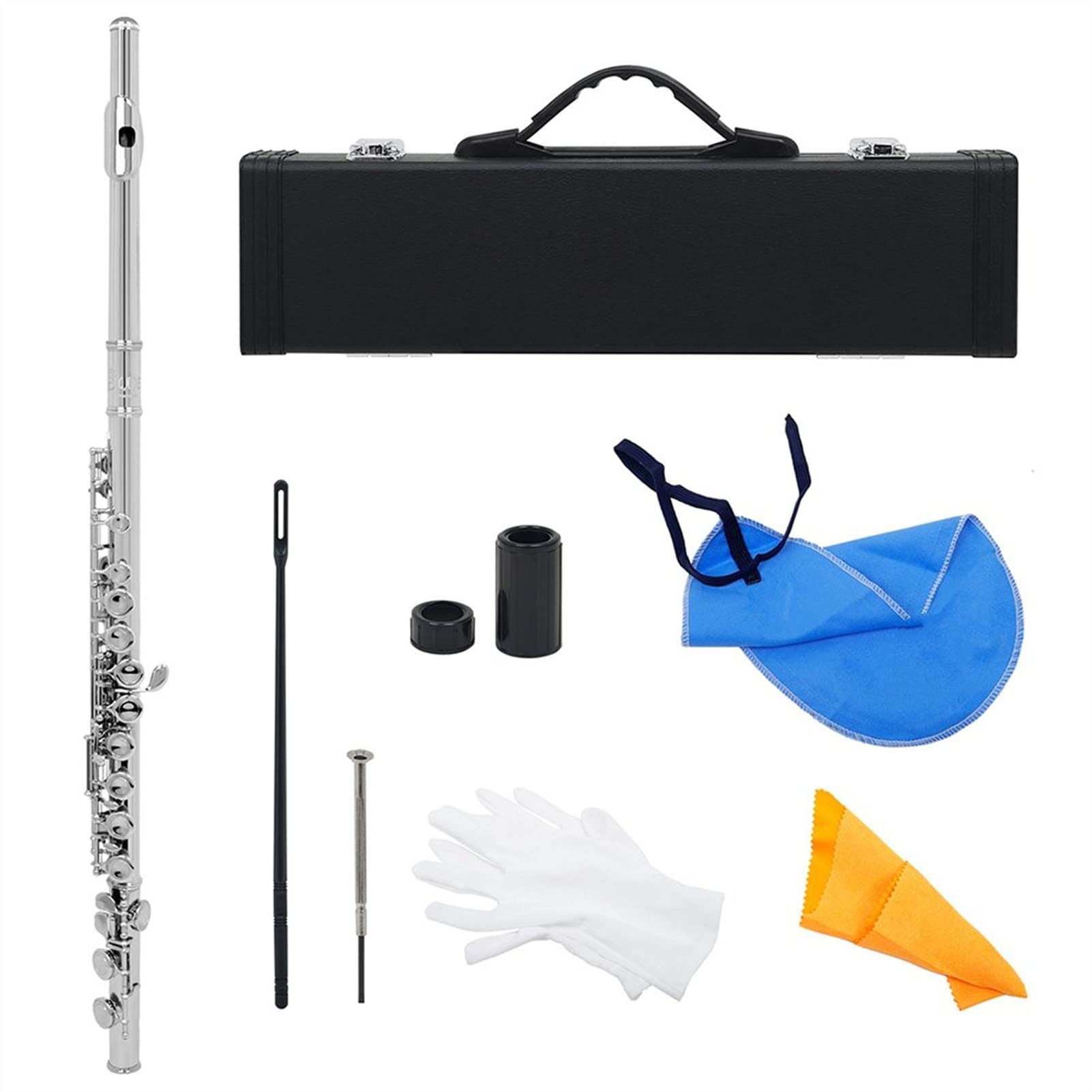 ZUZU 16 Agujeros Flauta C Tono Agujero Cerrado Plateado Plateado Cupronickel Flauta Instrumento De Viento De Madera con Estuche De Cuero Paño De Limpieza Kit Flauta