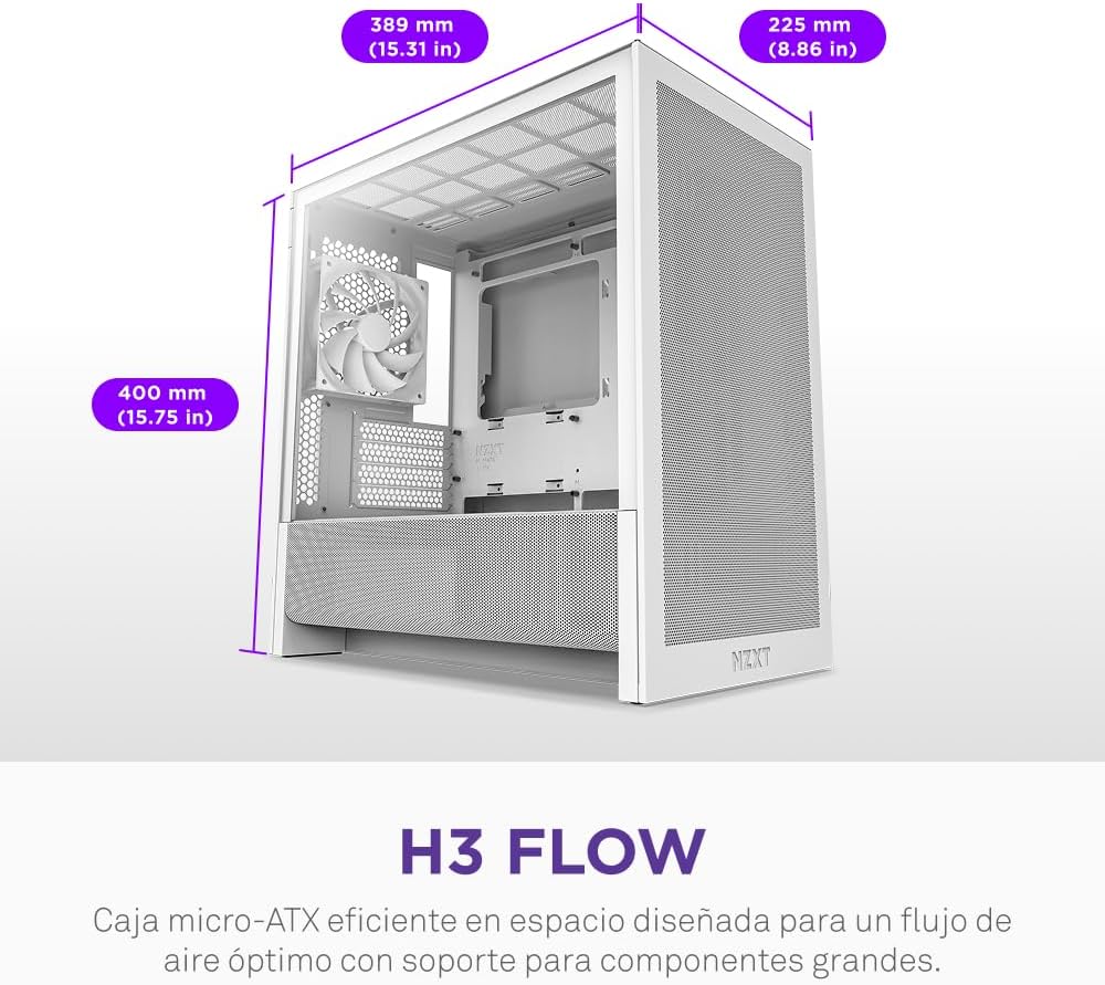 NZXT H3 Flow – Caja PC Micro-ATX – Flujo de Aire optimizado – 1 Ventilador 120mm Trasero – GPU tamaño Completo – Radiador 280mm Frontal, 240mm Superior – Placa Base con conexión Trasera – Blanco 3