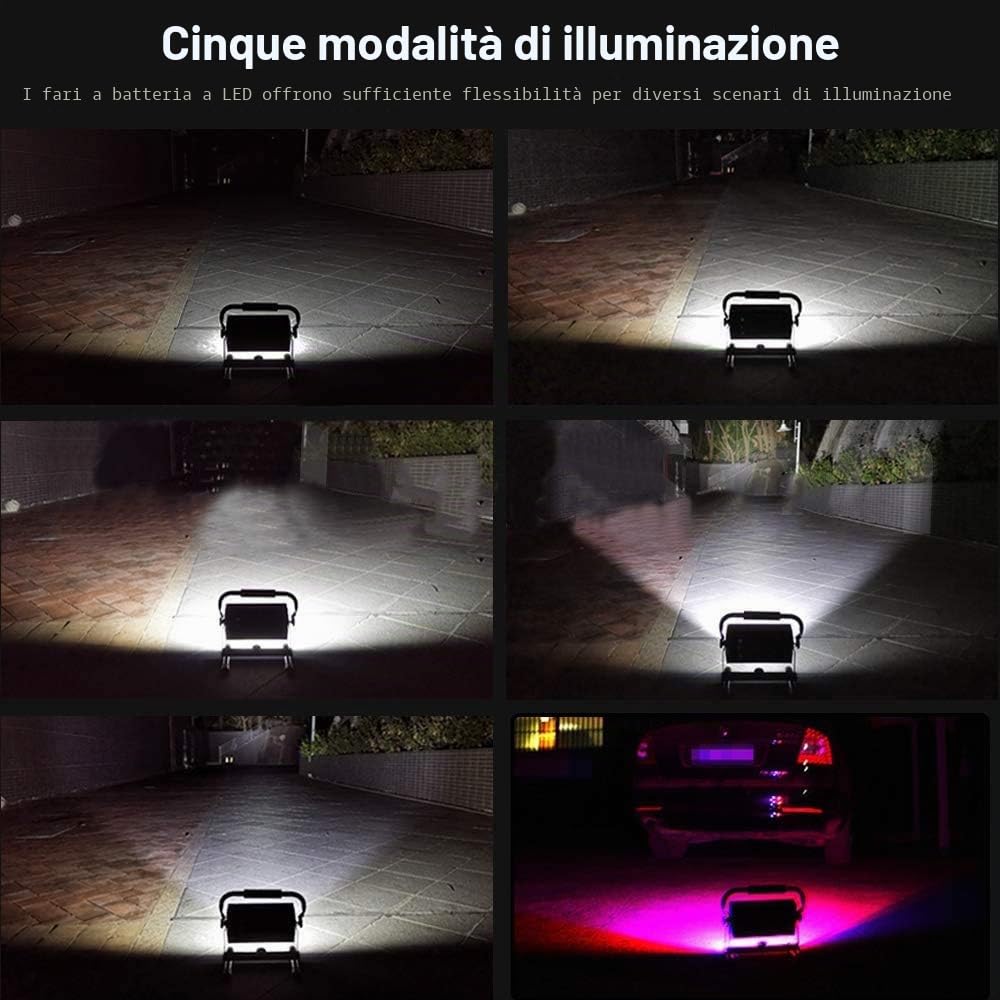 AF-WAN - Proiettore portatile ricaricabile, 100 W, luce LED da lavoro 7000 lm, luci di inondazione regolabili con caricatore USB per auto per IP65, impermeabile, campeggio, viaggi, pesca