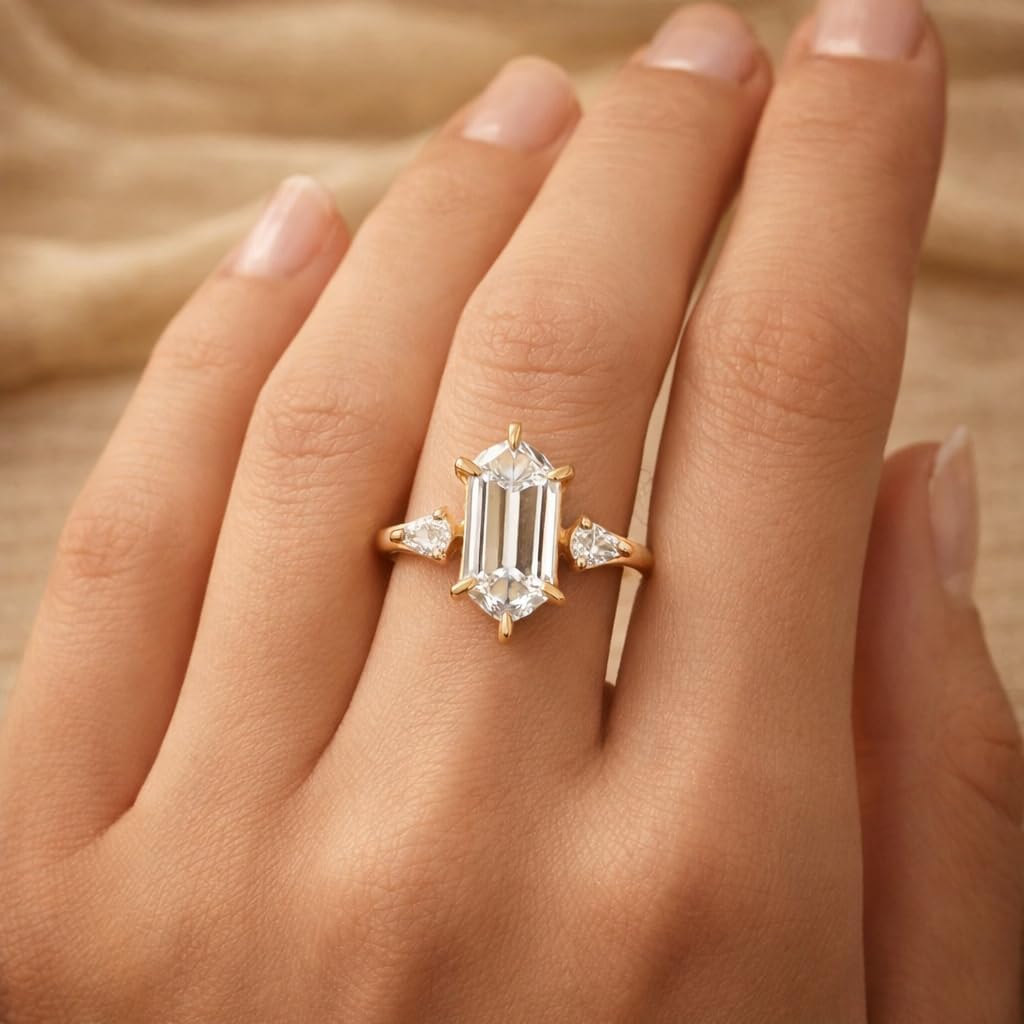 14K Yellow Gold Hexagon Cut Moissanite Three Stone Engagement Ring Elongated Minimalist Bridal Promise Ring with Side Accents Jewelry Gift for Women