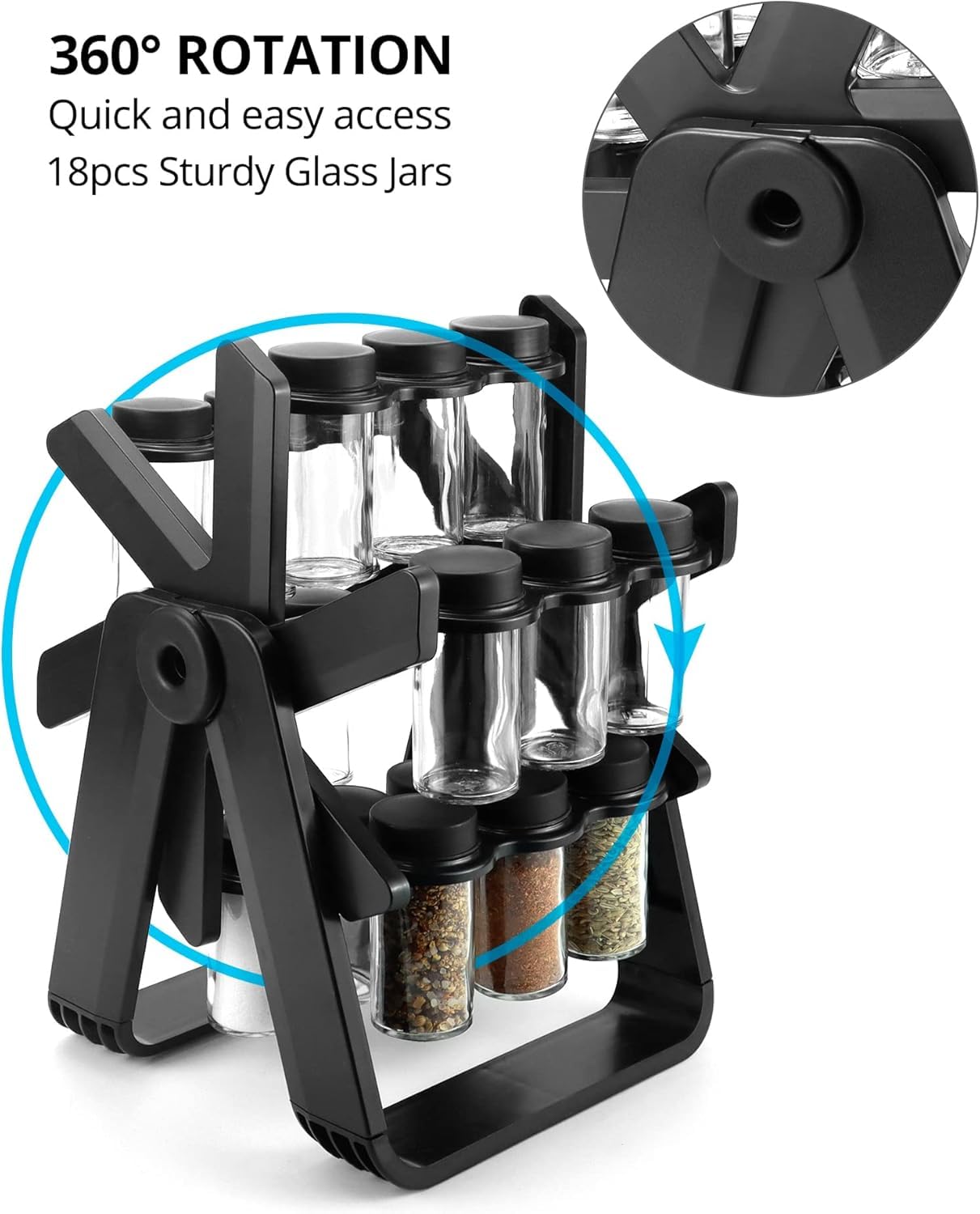 Étagère à épices rotative noire avec 18 boîtes à épices pour comptoirs de cuisine, armoires, pots d'assaisonnement, étagères