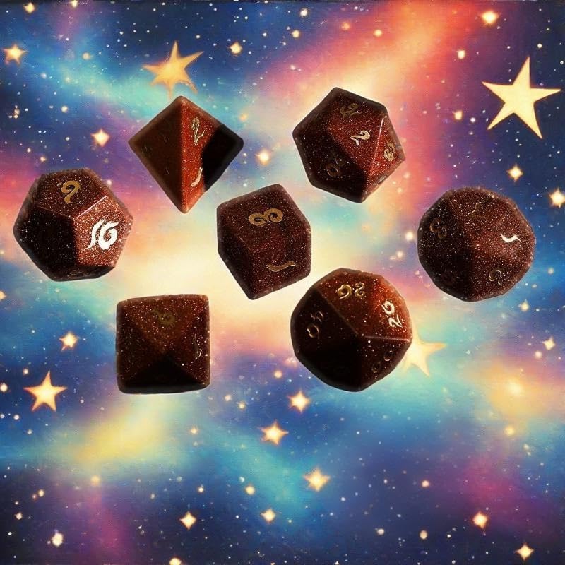 Zestaw kości Goldstone – ręcznie rzeźbione kości z kamieni szlachetnych D4 D6 D8 D10 D12 D20 percentyl lub 7 szt. zestaw wielościenny do DND i RPG stołowych (Sevensuit)