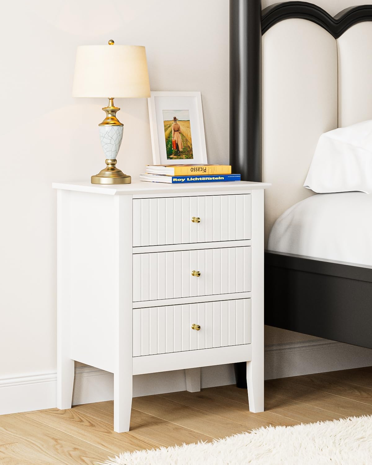 Solid Wood Fluted Nightstand, Farmhouse Night Stand with 3 Drawers, Mid Century Modern Side Accent Table,Bedside End Table for Bedroom, Living Room Whitr Finish-image-2