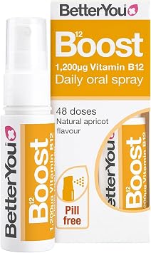 BetterYou Vitamin B12 Oral Spray, High Strength Methylcobalamin Supplement, 1200mcg per dose to Boost Energy, Natural Apricot Flavour, 48-Day Supply