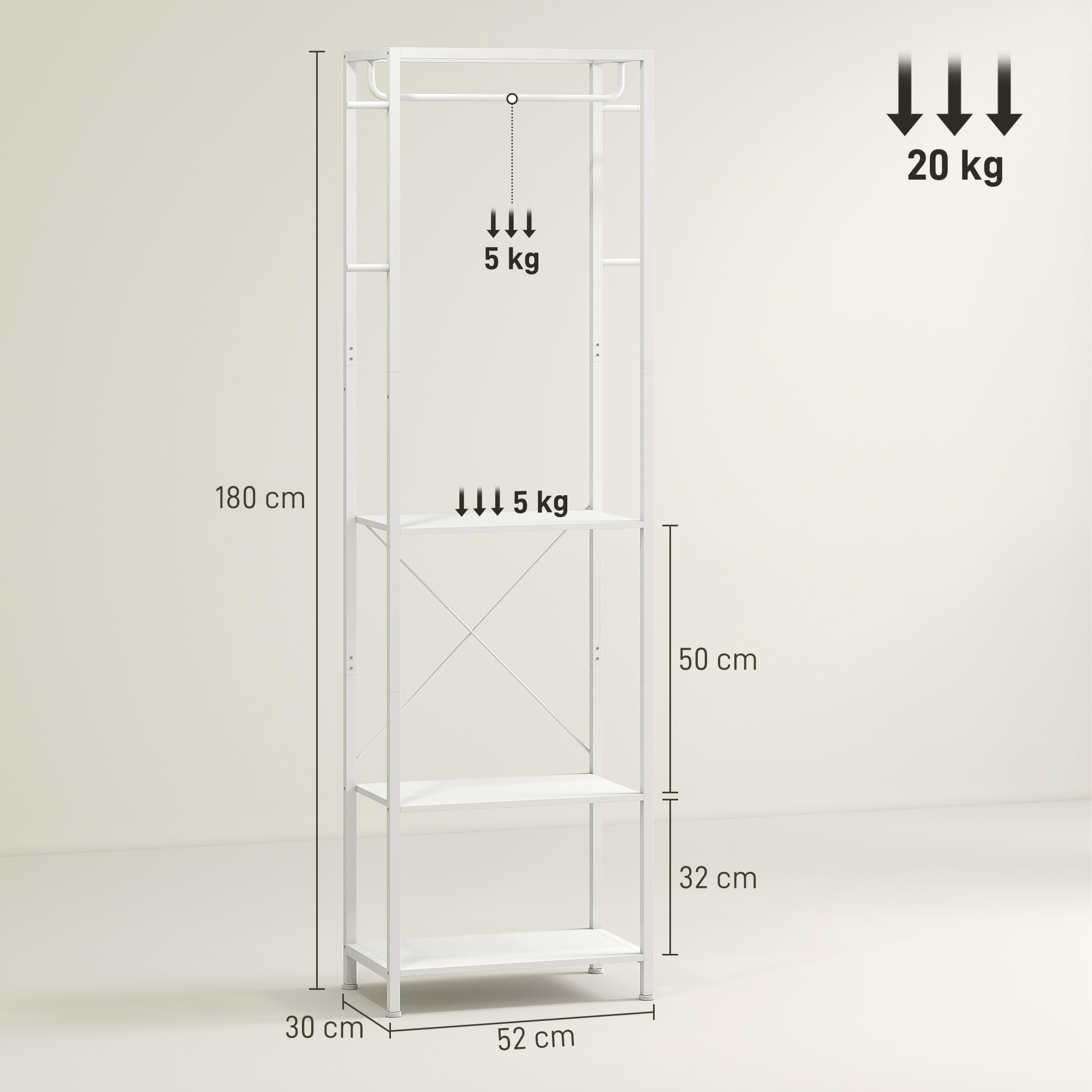 HOMCOM Appendiabiti da Ingresso con Scarpiera, Attaccapanni con Barra Appendi Abiti, 4 Ganci, Ripiano Superiore e 2 Mensole Porta Scarpe, 52x30x180 cm, Bianco