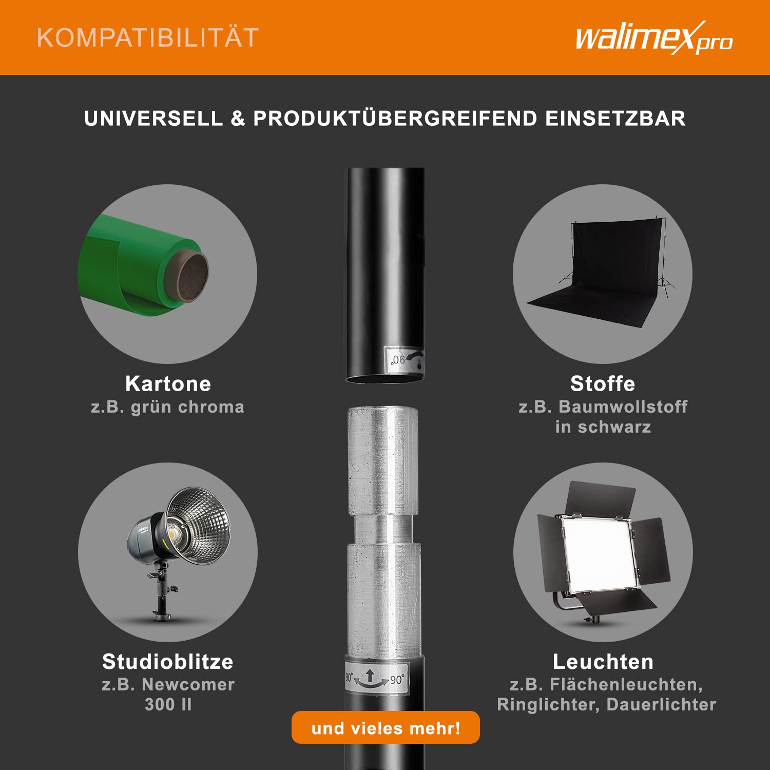 Walimex pro Teleskop Hintergrundsystem L 120-307 cm breit, Fotohintergrund System 102-256 cm hoch, Lampenstativ 5/8'' Spigot, für Fotografie, Video u. Green Screen, für Leinwände aus Papier u. Stoff