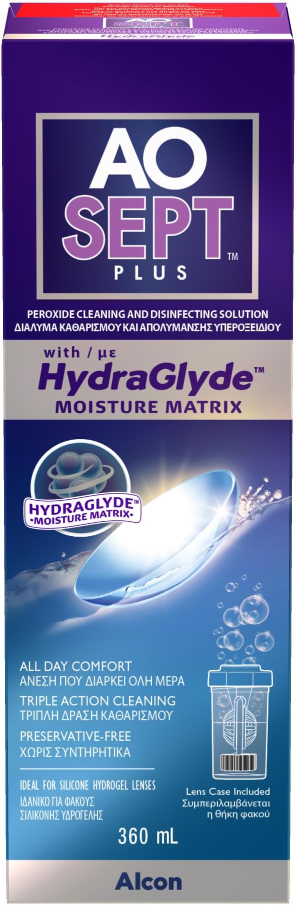 Aosept Plus with Hydraglyde contact lens care soultion | single bottle | 1 x 360 ml
