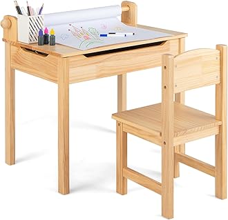 Costzon Kids Table and Chair Set, Flip Top Kids Art Craft Table w/Chair for Playroom Kindergarten, Toddler Drawing Writing Desk Set w/Paper Roll & 2 Markers, Gift for Boys Girls Ages 3+ (Natural)