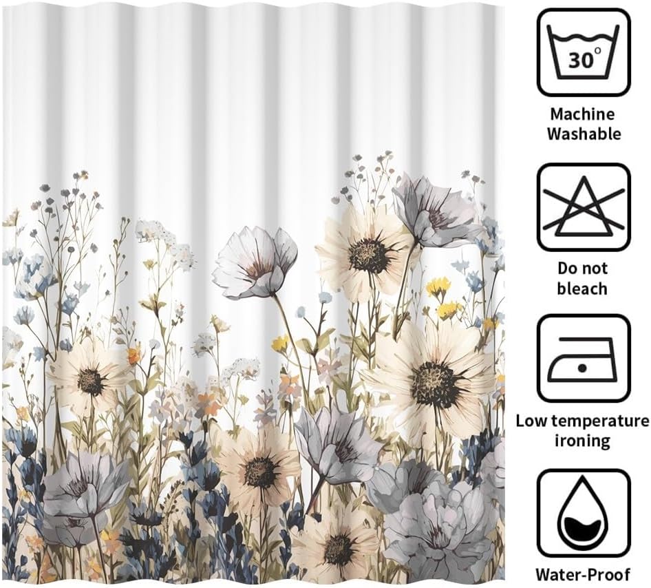 Rustic Wildflowers Shower Curtain for Bathroom Vintage Botanical Theme Bathroom Decor Set Watercolor Floral Bathtub Curtains for Farmhouse Washable Waterproof Polyester Fabric with Hooks 72x78 Inch