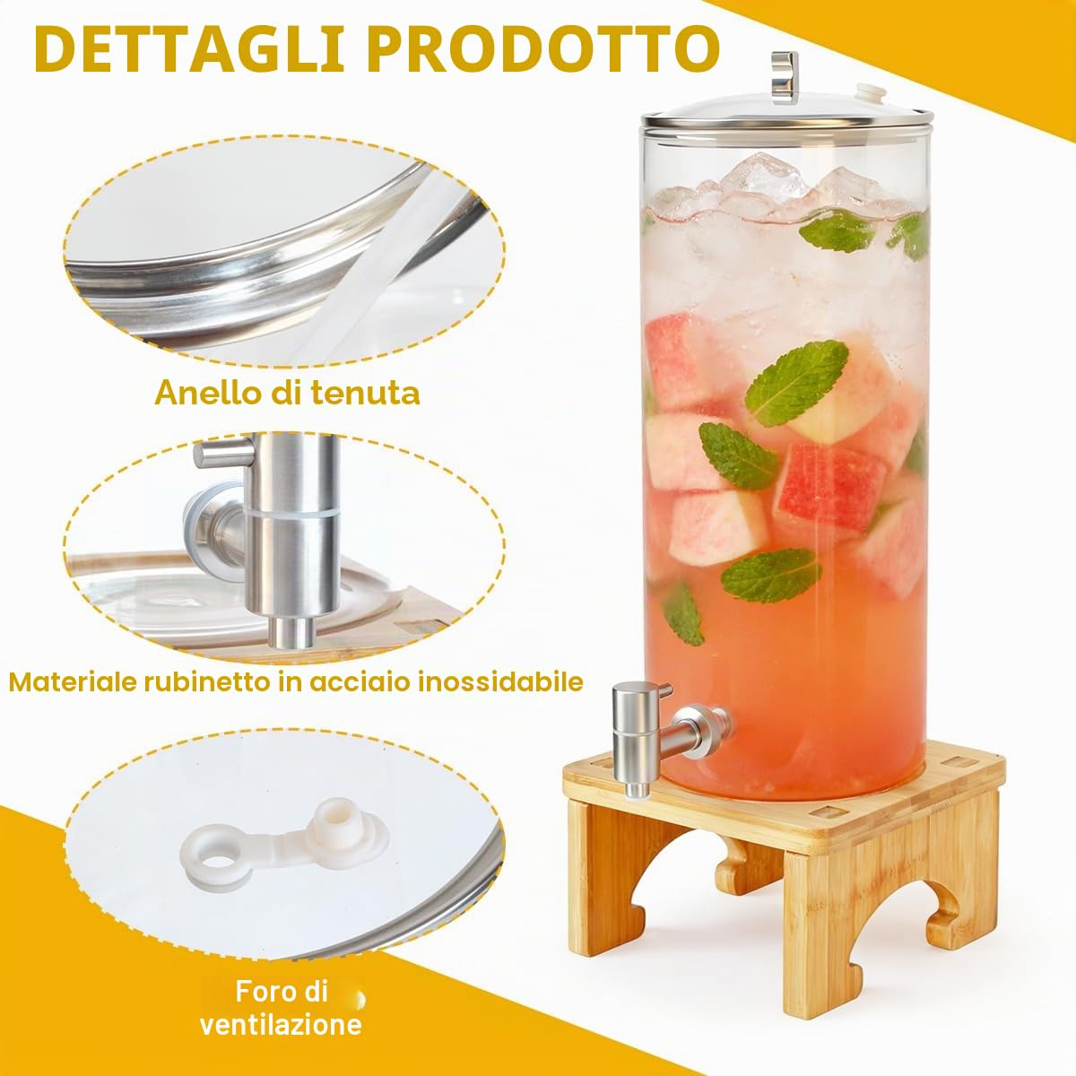 Dispenser di bevande da 7 litri con supporto, dispenser in vetro con rubinetto in acciaio inox massiccio per succhi ghiacciati, acqua, bevande fatte in casa, feste, matrimoni