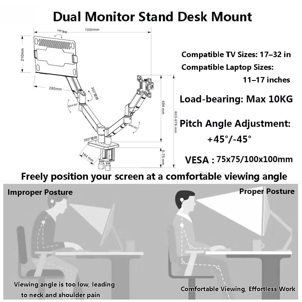 Supporto Per Doppio Monitor, Braccio Ergonomico Da Scrivania Per Monitor Da 17 A 32 Pollici – Portata Fino A 10 Kg (22 Lbs) – Regolabile In Altezza, Girevole, Inclinabile E Ruotabile