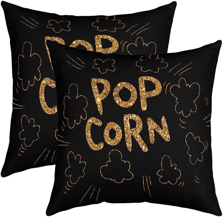 Popcorn Black Golden Reversible Throw Pillow Covers,Movie Theater Square Cushion Covers Set of 2 for Bed Sofa Couch,All Season Old Fashion Home Decor Pillow Covers Home Decor 16 x 16-Inch Mu