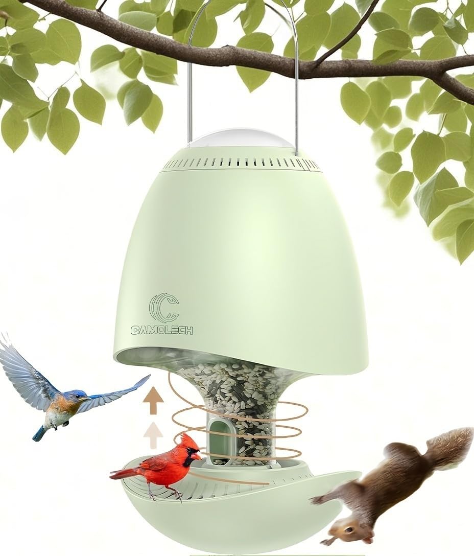 Camolech - Comedero inteligente para pájaros a prueba de ardillas para colgar al aire libre, comedero solar de gran capacidad para pájaros, percha giratoria activada por peso, disuasorio de sonido y