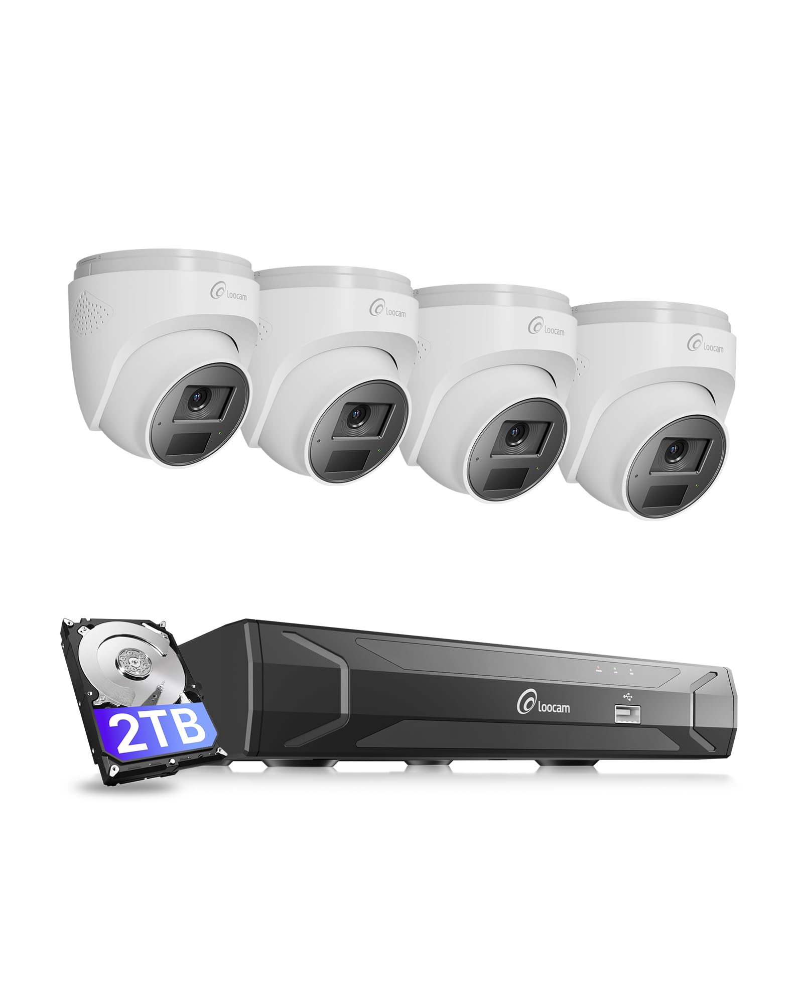 Loocam Kit de Videovigilancia PoE 4K 8MP - Grabador NVR 8CH 2TB Disco Duro | 4 Cámaras IP de Seguridad 8MP, Detección AI Persona/Vehículo, Visión Nocturna IR, Audio Bidireccional