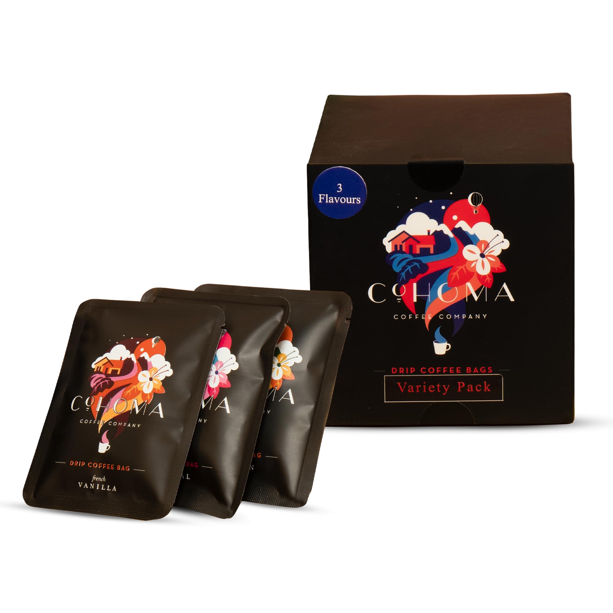 Cohoma Coffee Variety Pack of Drip Coffee Bags I Pack of 10 I Original Custom Roast, French Vanilla and Cinnamon Hazelnut I Made with 100% Arabica Roasted and Ground Coffee