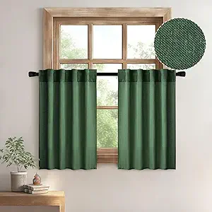 MIULEE Emerald Green Kitchen Curtains 24 Inch Length 2 Panels, Soft Thick Linen Textured Semi Sheer Light Filtering Short Cafe Tier Curtains for Small Half Window Back Tab Rod Pocket Christmas Decor