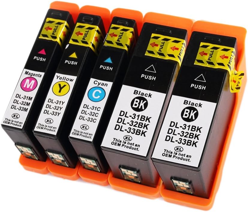 Compatible Set of 5 Pack Dell 31XL Black Cyan Magenta Yellow Ink Cartridge for Dell V525w V725w (Dell Series 33 Ink)