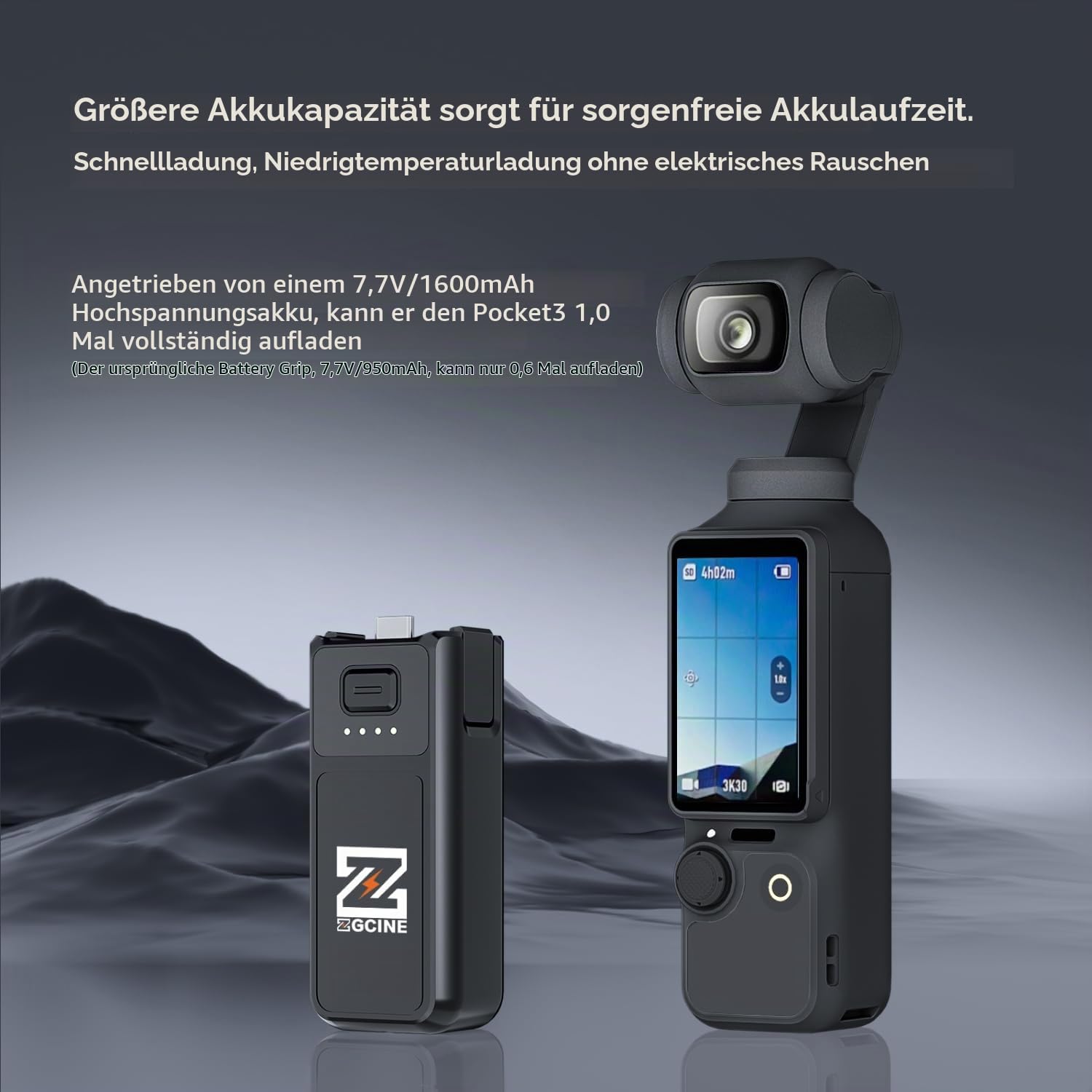 ZGCINE PK-H01 Akku Griff für Pocket 3 Kamera, 17W Schnelllade Batteriegriff mit LCD Anzeige, 3200mAh Hochleistungsakku, USB-C PD Schnellladung & Datenübertragung, für Pocket 3 Battery Handle