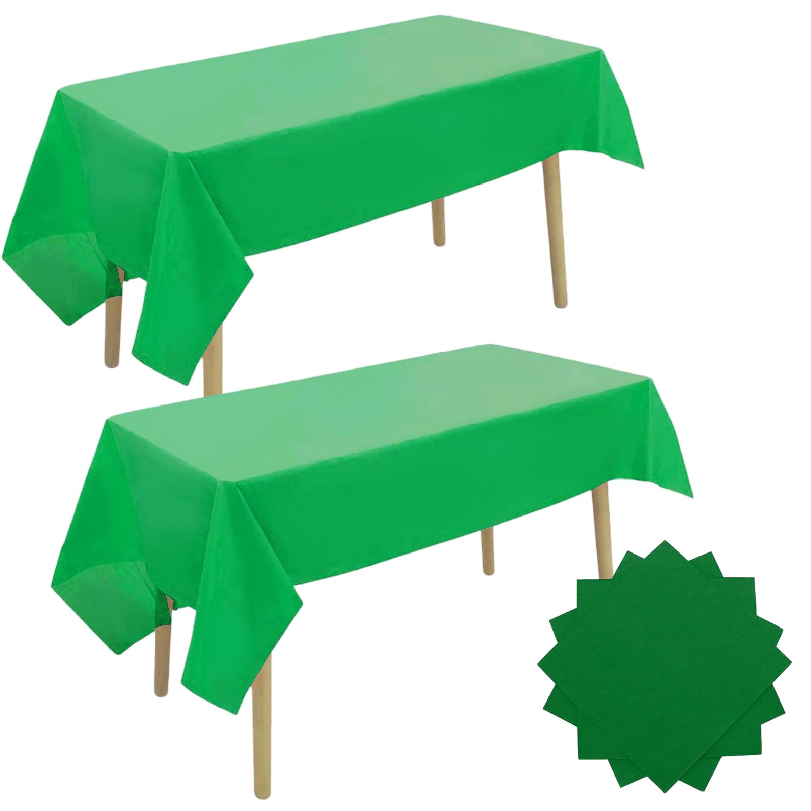 GHKJOK Emerald Green Plastic Tablecloths for Dining and Event Tables - 2 Pack Disposable Table Cover Set with 20 Matching Paper Napkins for Christmas Woodland Birthdays Weddings and Picnics