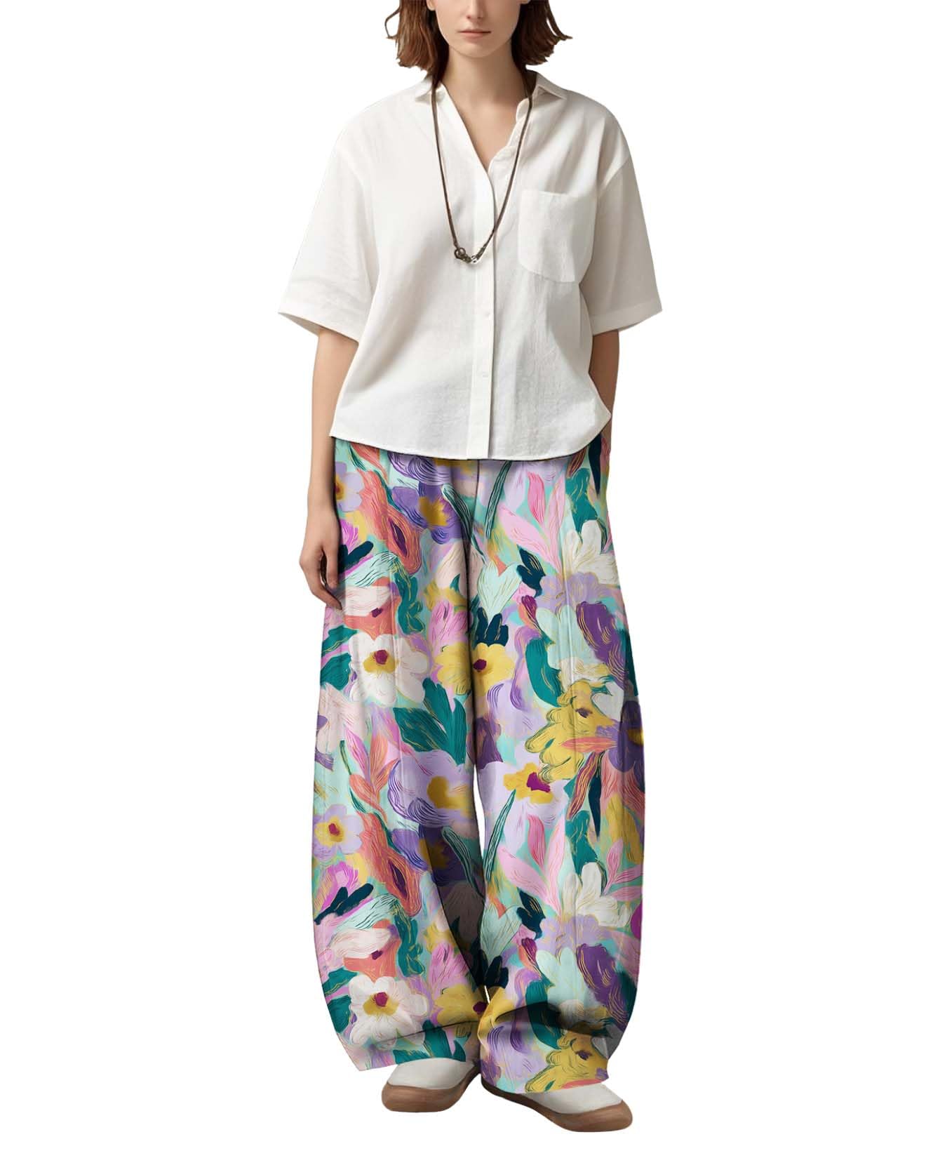 Womens Boho Floral Printed Pants Elastic Waist Wide Leg Casual Trousers Loose Fit Pant with Pockets for 2025
