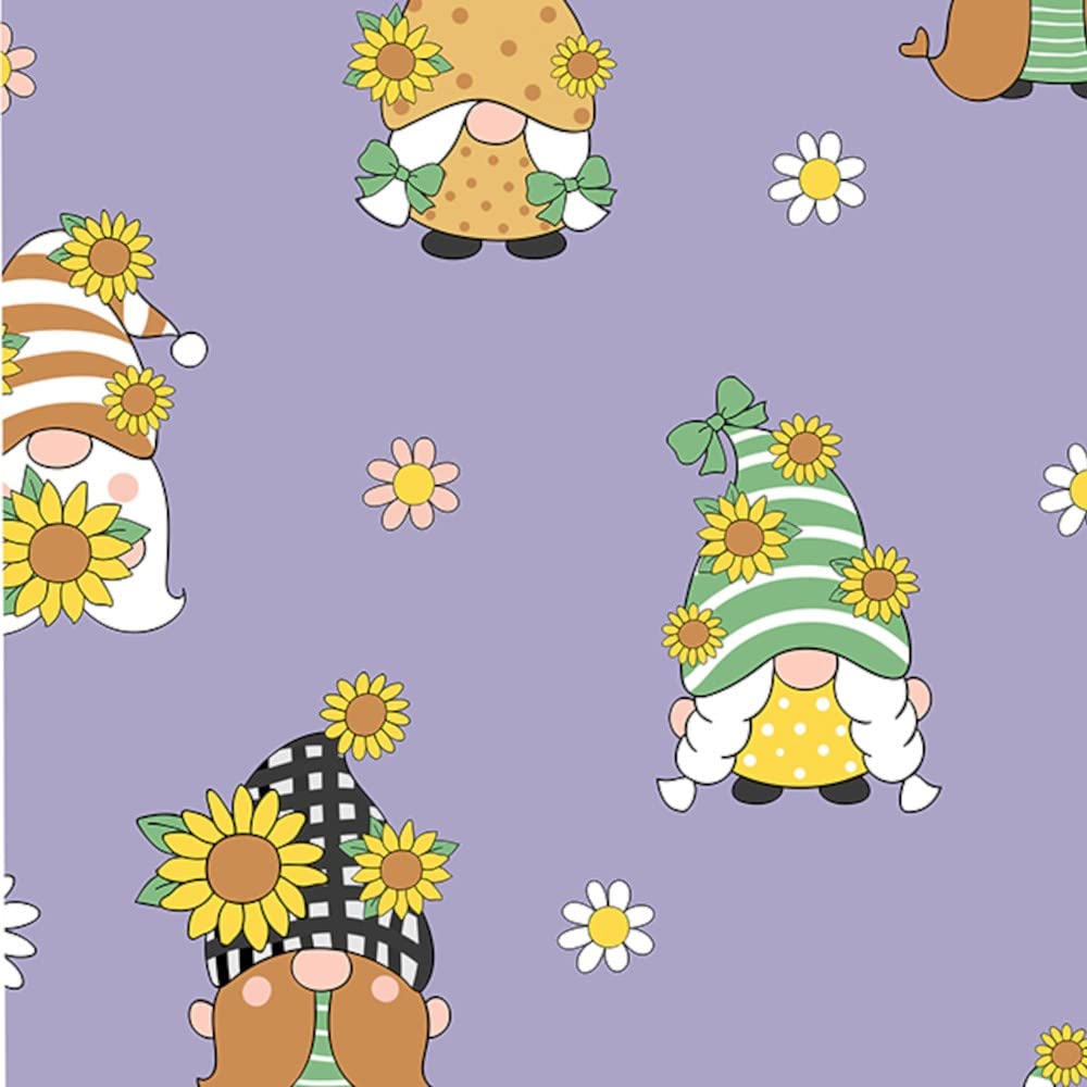 Oh Sew Crafty Limited Lavendar Polycotton Fabric Spring Gonks Garden Gnomes Sunflower Daisy Floral Flower (Price Per Metre) (Lavendar)