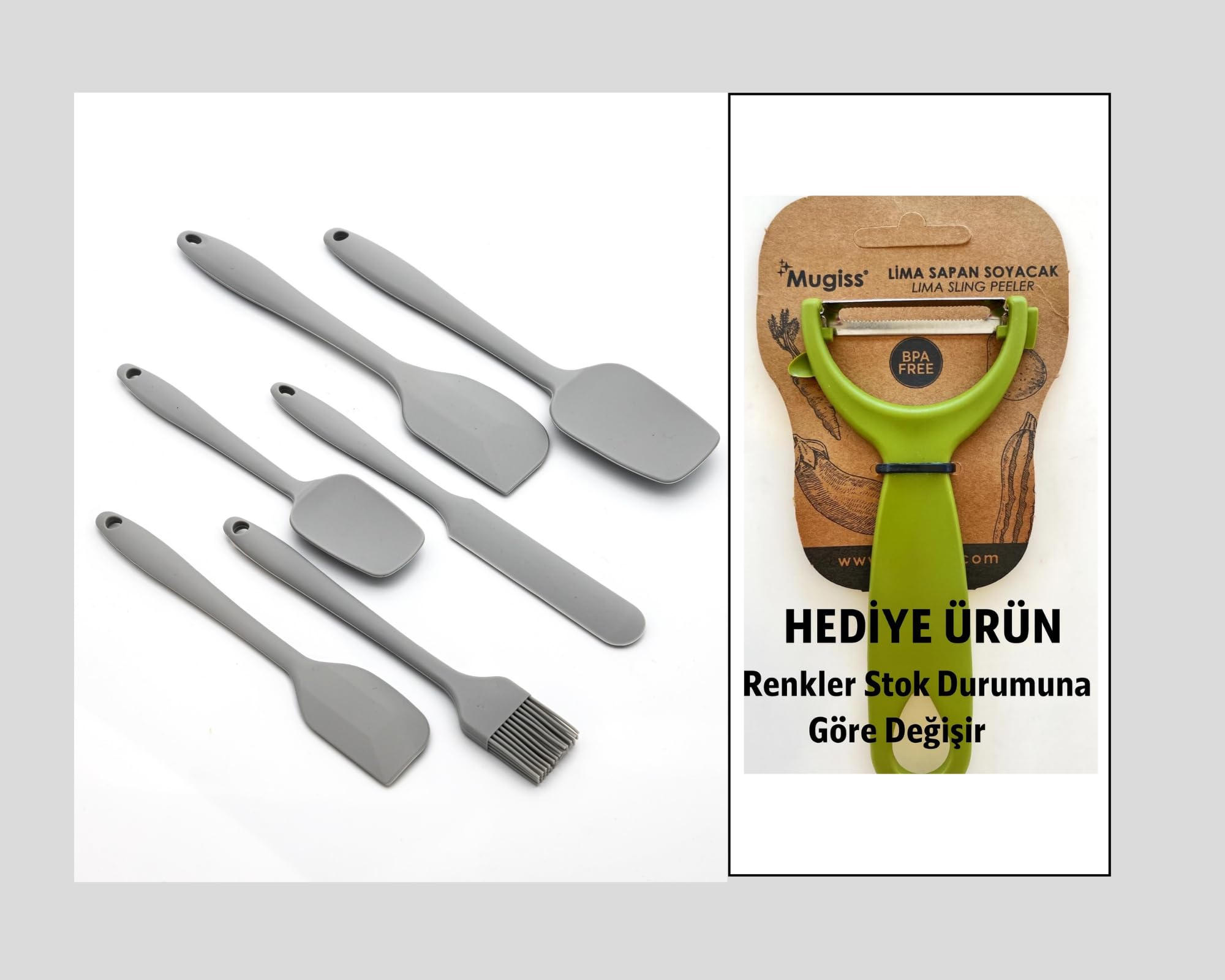 6'lı Silikon Mutfak Spatula Seti, BPA İçermez, Yüksek Isıya Dayanıklı, Gri Renk, Hediye Soyacak ile