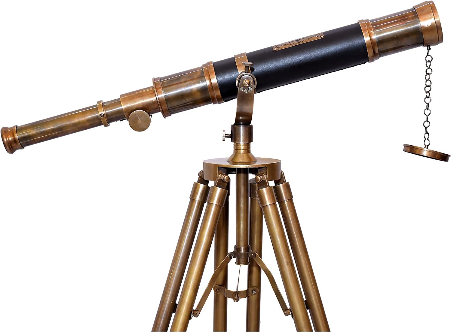 Harbor Master Nautical Floor Standing Antique Brass Telescope Black Leather Traditional Home Decor Arc Design Adjustable Scope Brass Telescope