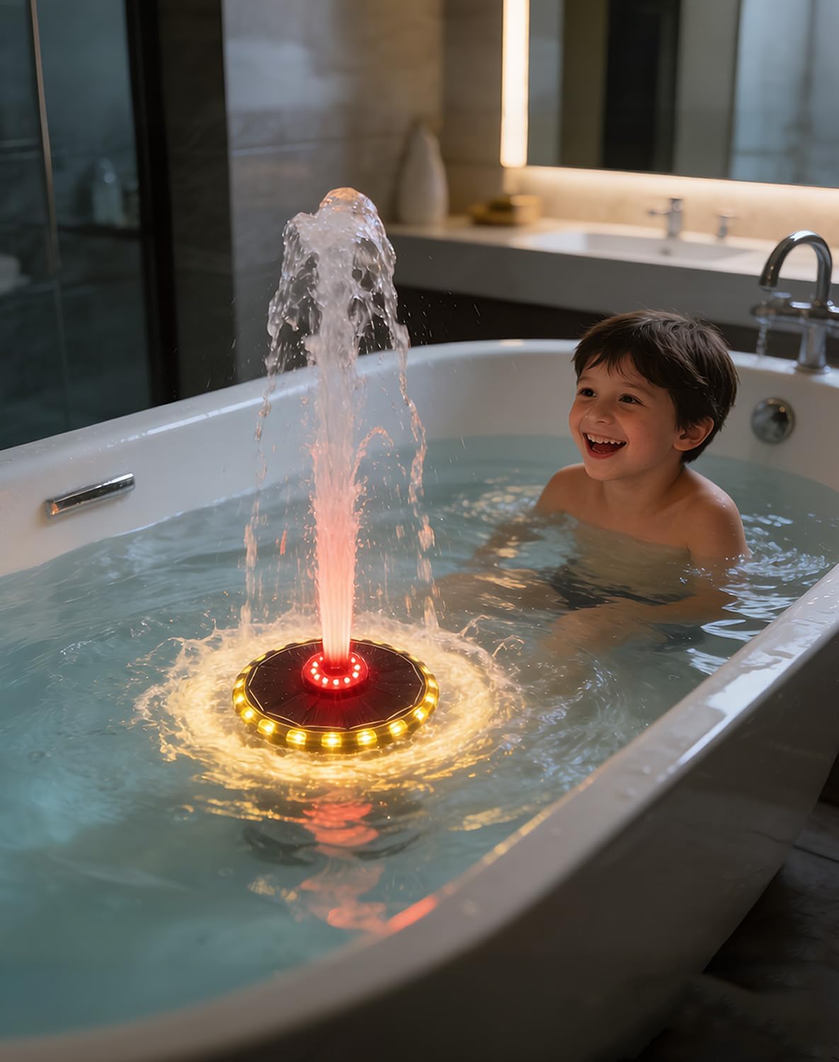Bath Fountain for Kids, Bath Tub Fountain, Solar Powered Floating Bathtub Water Spray with Colorful LED Lights, 8 Spray Modes for Bath, Pool & Tub Ambiance