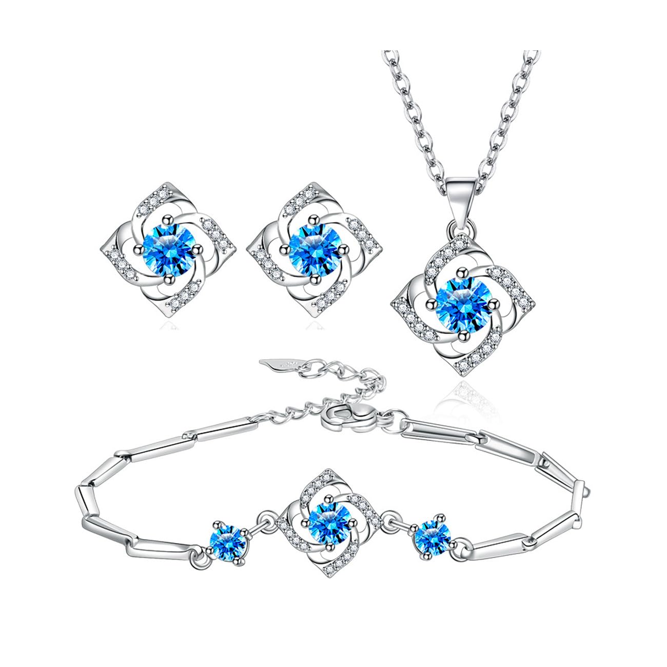 TOEECY Conjunto de Joyas De Trebol 4 Hojas Plata con Circonitas Colgante Collar Pendientes Pulsera Fiesta Boda Nupcial Dama de Honor Paraniñas Mujeres