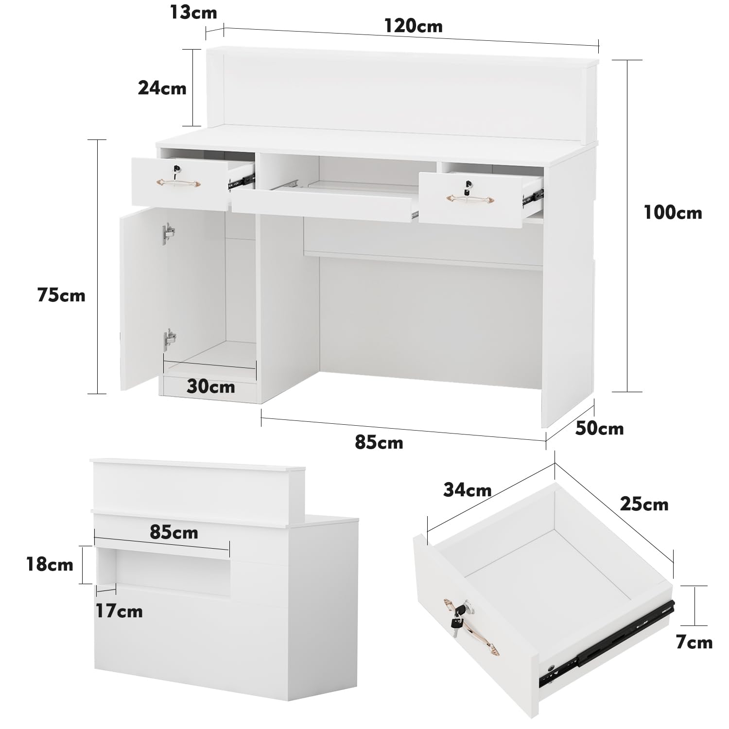 PREMTURE Banco reception con luce e cassetti, reception in bianco, cassette di ricevimento, bancone dell'ufficio, per sale aziendali, reception alberghiere, negozi di frutta 50 x 120 x 100 H cm