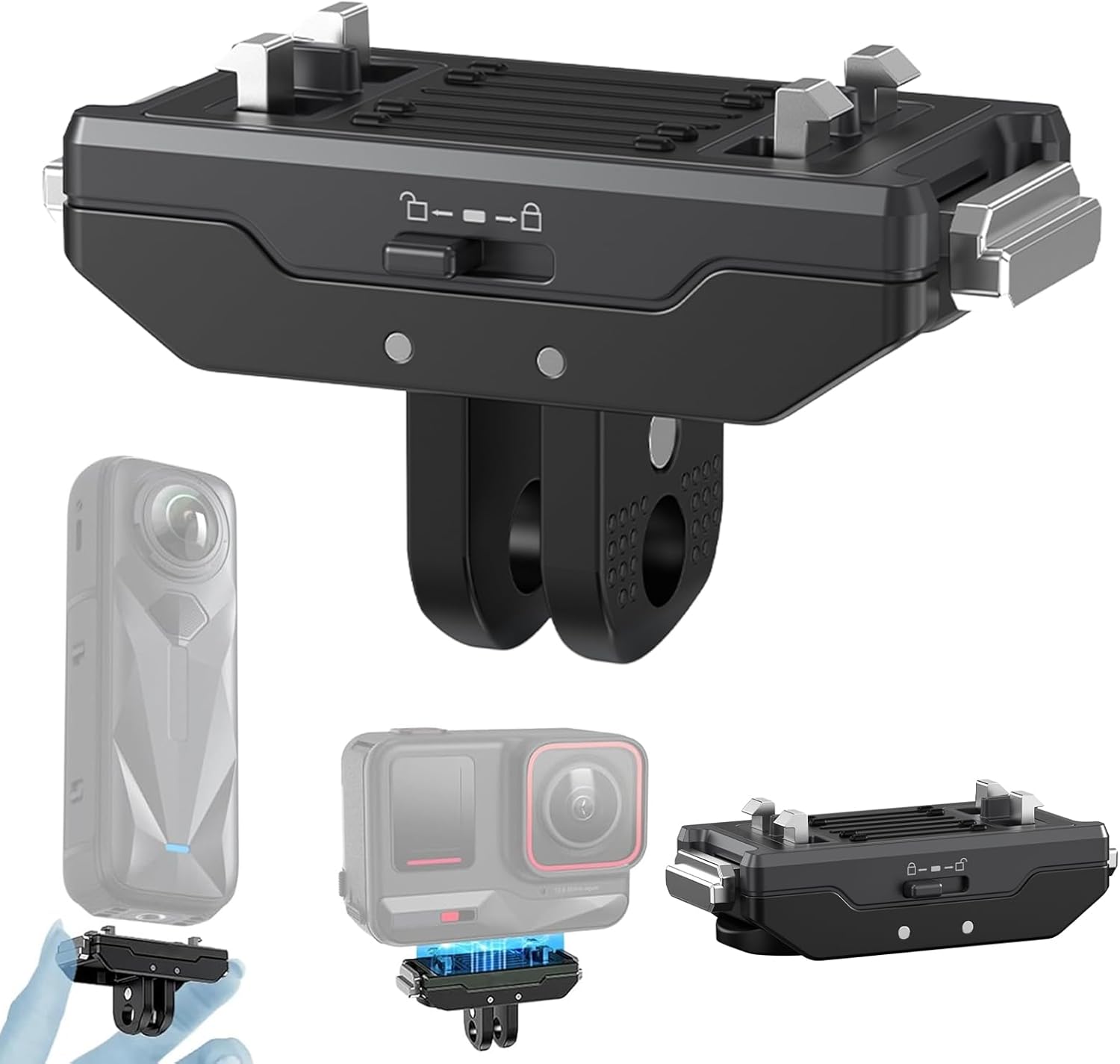 Magnetic Quick Release Base with Lock for Insta 360 X5 Accessories, Aluminum Alloy Lockable Mount with 1/4 Thread Foldable Metal Camera Adapter Holder for Insta360 X4 Air/Ace Pro 2/X4/X3/Ace Pro